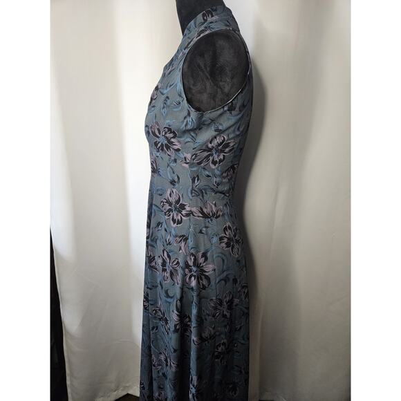 Vintage High Neck Sleeveless Dress Sheer Floral Maxi Blue Empire Waist XS 0/2 - Picture 3 of 8